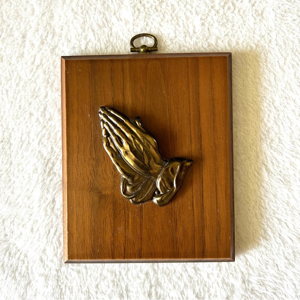 Vintage Praying Hands Wall Plaque Metal & Wood Religious Decor